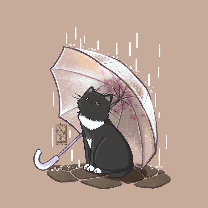 Cute cat drawing by Mj.majcha under an umbrella with raindrops on a brown background.