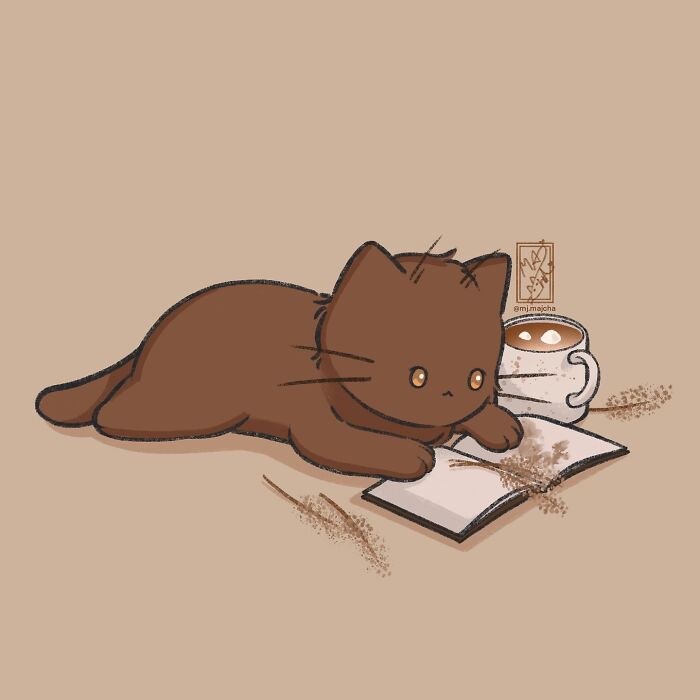 Cute cat drawing by Mj.majcha of a fluffy brown cat with a book and coffee on a beige background.