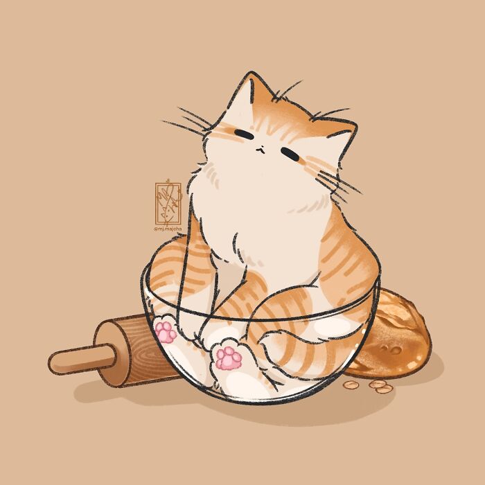 Cute cat drawing by Mj.majcha in a bowl with a rolling pin and bread, showcasing adorable feline art.