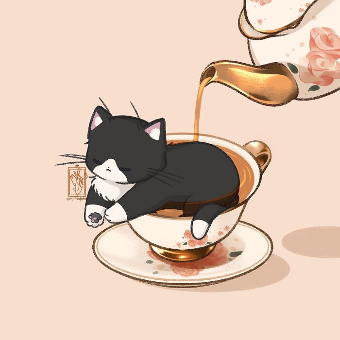 Cute cat drawing by Mj.majcha featuring a black and white kitten adorably curled up in a floral teacup.