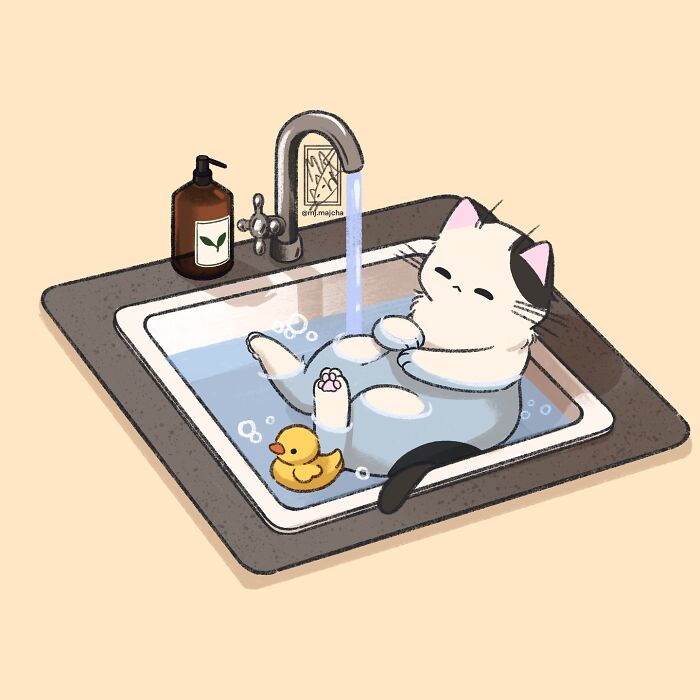 Cute cat drawing by Mj.majcha, relaxing in a sink with a rubber duck and soap bottle nearby.