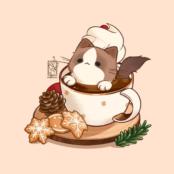 Cute cat drawing by Mj.majcha in a cup surrounded by winter-themed cookies and pinecones.