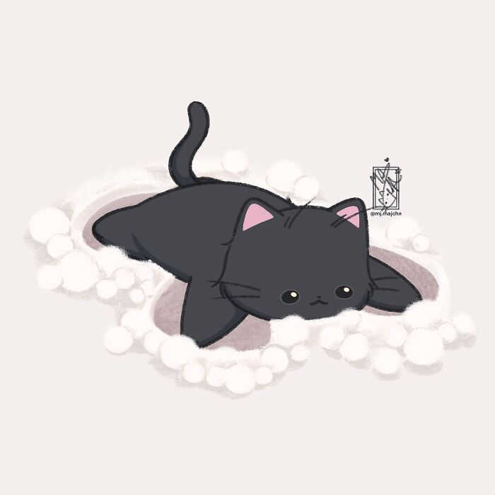 Cute cat drawing by Mj.majcha featuring a black kitten nestled in fluffy white bubbles.