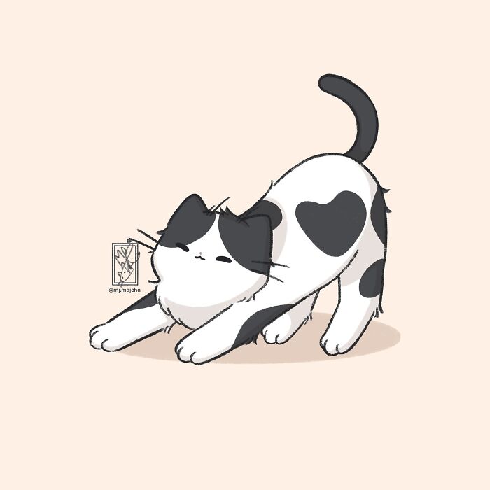 Cute cat drawing by Mj.majcha, black and white kitten stretching with heart-shaped spots.