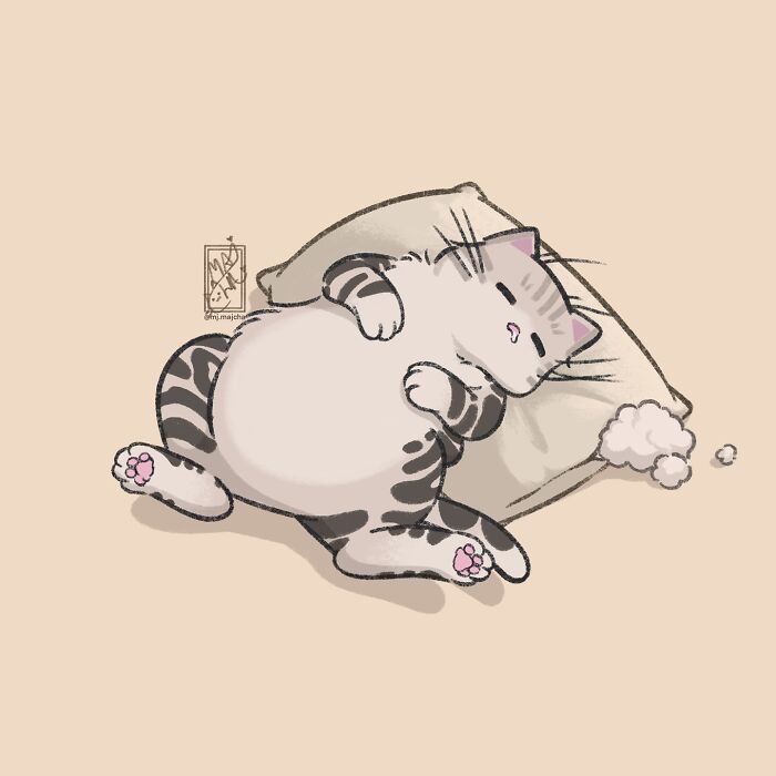 Adorable cat drawing by Mj.majcha showing a chubby cat sleeping on a pillow.