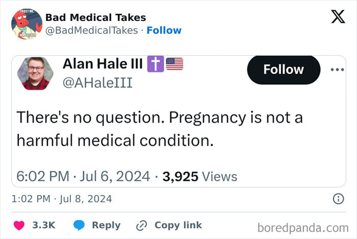 Tweet about pregnancy not being harmful, labeled under "Dumbest Posts" by Bad Medical Takes.