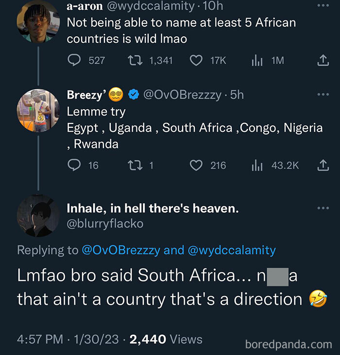 Tweets showing a reply about naming African countries, highlighting a humorous misunderstanding. Keywords: Dumbest Posts.