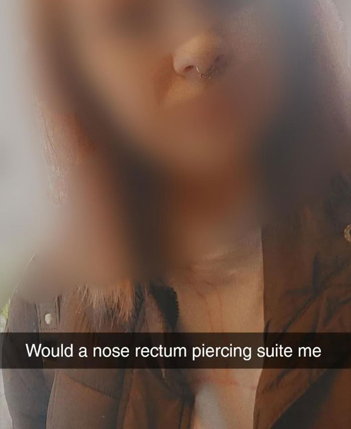 Person with a septum ring captioned "Would a nose rectum piercing suite me," highlighting one of 2024's dumbest posts.