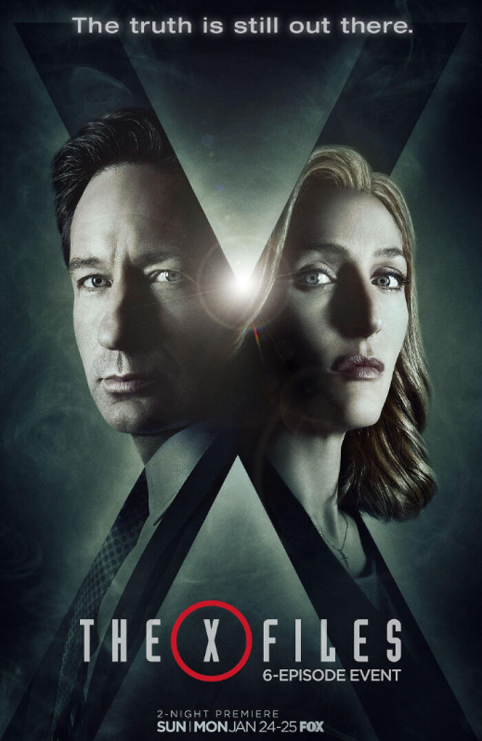 "The X-Files poster featuring two main characters with a mysterious background, promoting a 6-episode event."