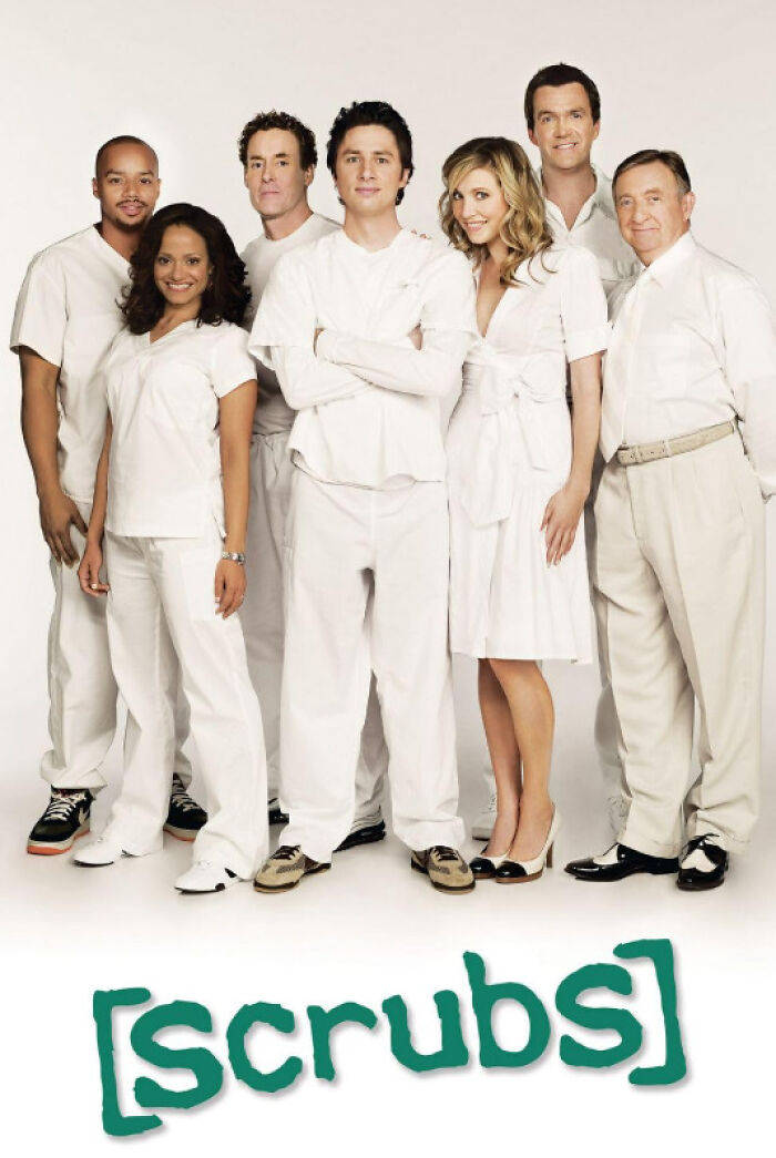 Cast of the beloved show Scrubs in white outfits, standing together for a promotional photo.