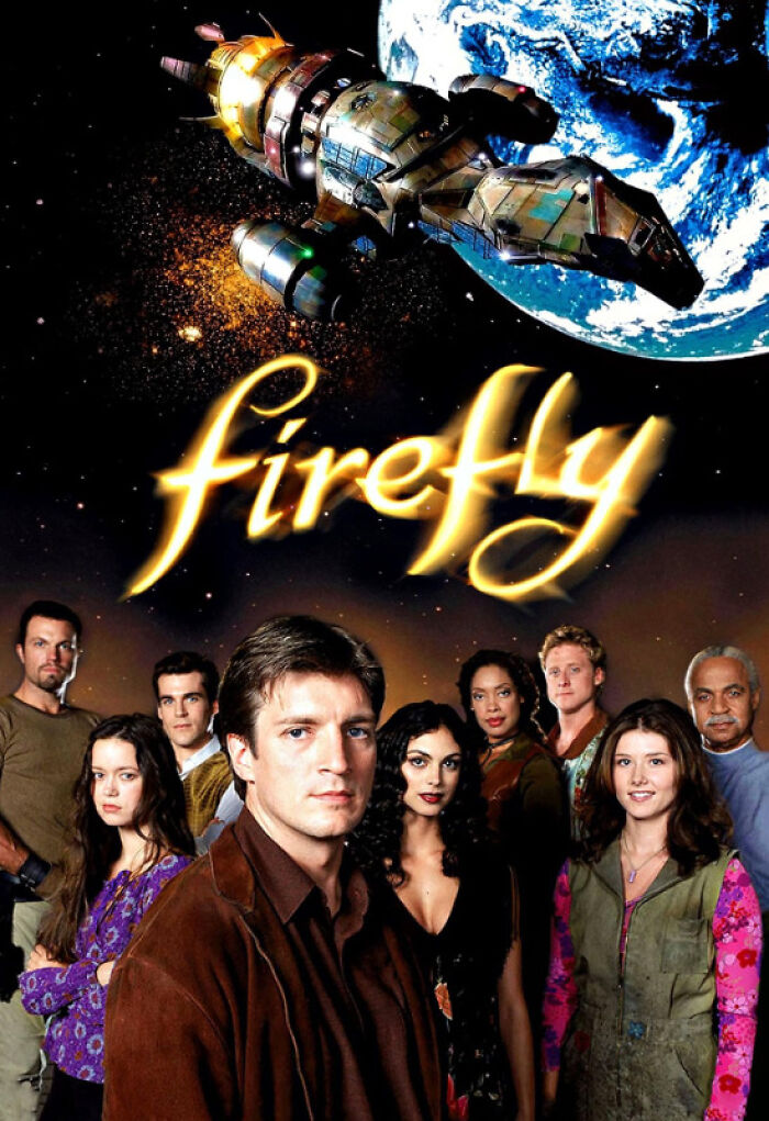 Cast of "Firefly" standing under spaceship with Earth in the background.