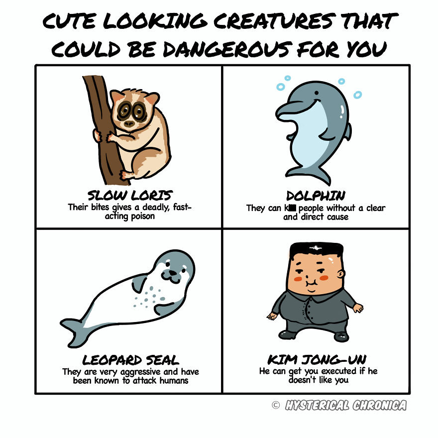 Relatable history comic showing cute but dangerous creatures like slow loris, dolphin, leopard seal, and a controversial figure.