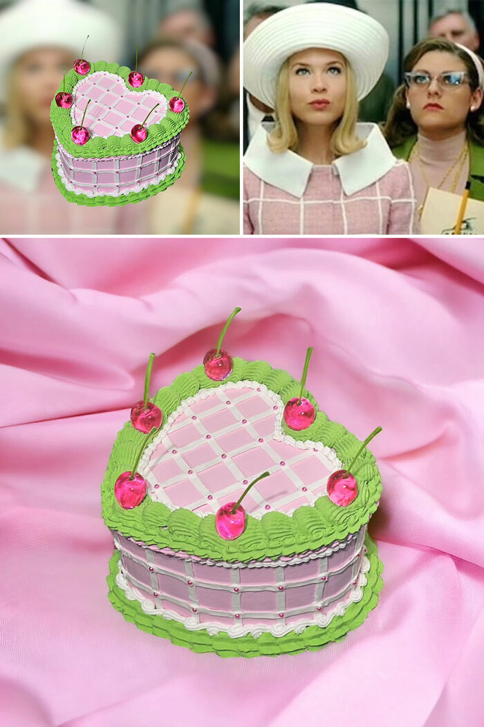 Cake-like storage box inspired by a famous movie, featuring pink and green design with cherry accents.