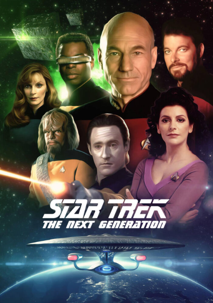 "Star Trek The Next Generation crew in space, featuring iconic characters in a classic sci-fi setting."