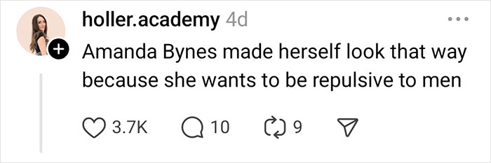 Social media post with a celebrity rumor about Amanda Bynes by user holler.academy.