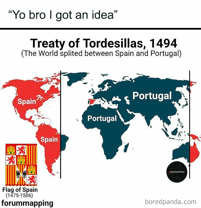 Map humorously depicts Treaty of Tordesillas with Spain and Portugal dividing the world, highlighting history with memes.