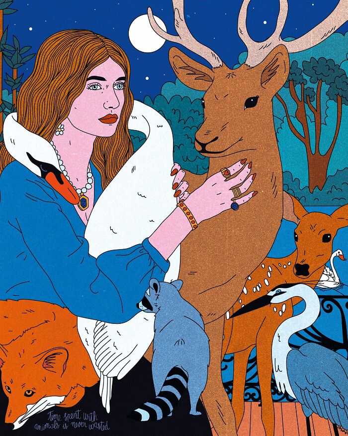 Vibrant illustration of a woman surrounded by animals, blending humor and sarcasm in a whimsical scene.