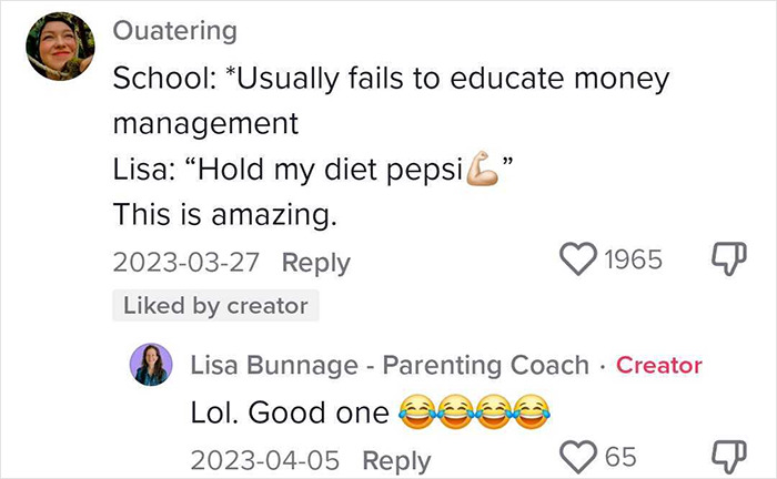 Comments on children, chores, and money management with playful emojis, liked by parenting coach and creator.