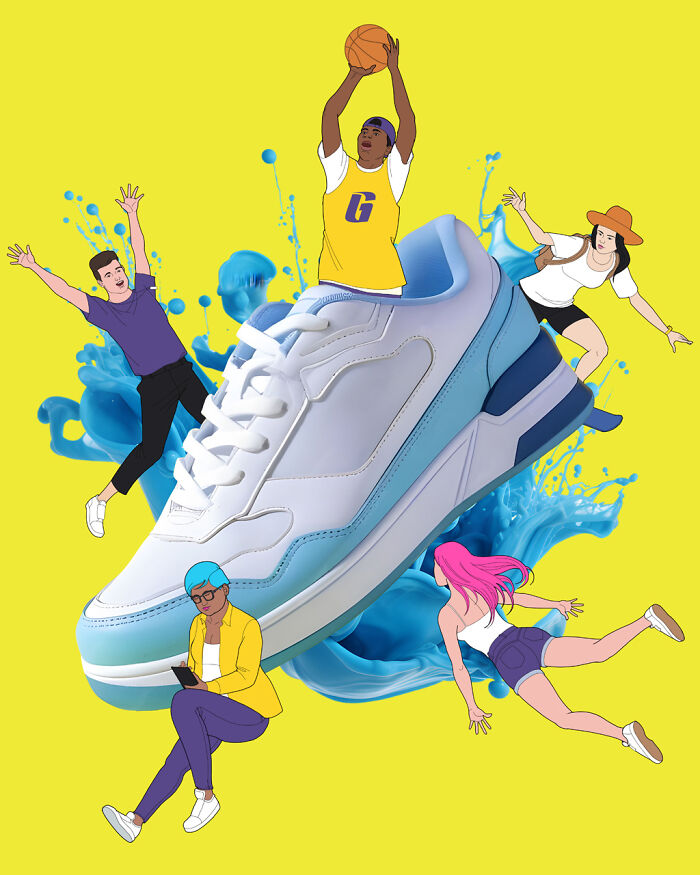 Illustration of diverse people interacting with a giant sneaker.