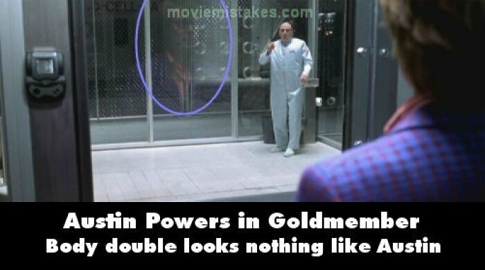 A scene from Austin Powers: Goldmember showing a funny movie mistake with a mismatched body double.