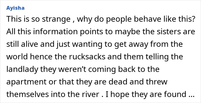 Comment discussing sisters' disappearance and possible outcomes, mentioning rucksacks and hopes for their safe return.