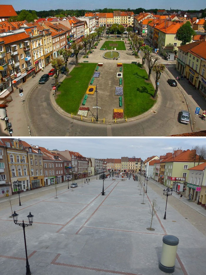 Urban hell transformation: vibrant town square with green spaces turns into barren concrete plaza.