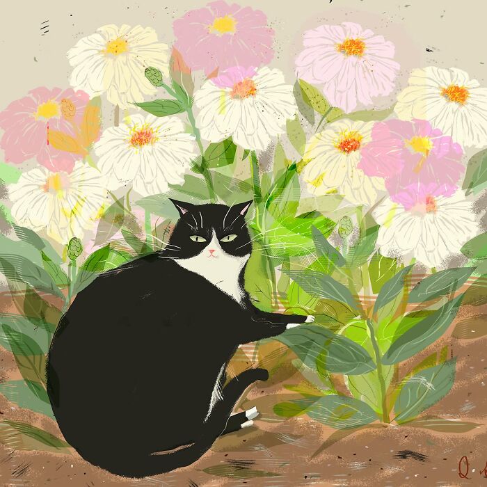 Cozy illustration of a black-and-white cat lounging among colorful flowers, perfect art for cat lovers.