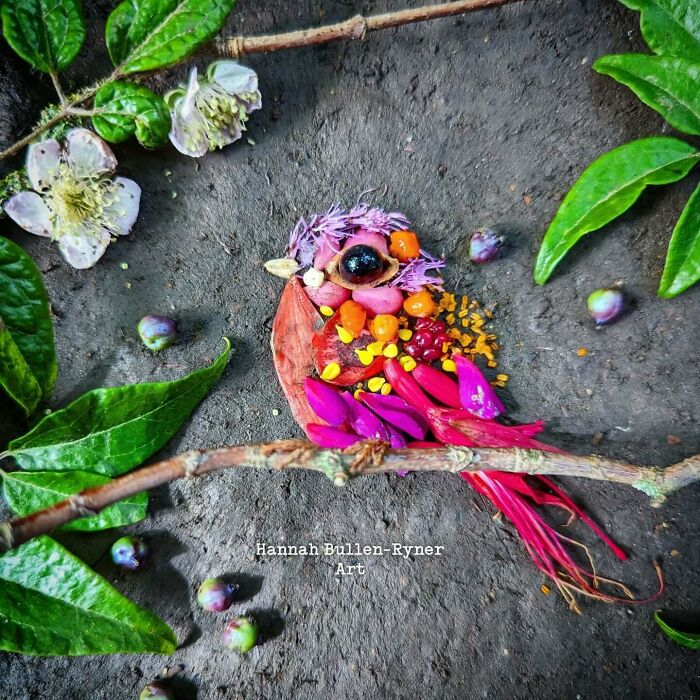 Animal portrait made from natural materials, featuring colorful flowers and leaves forming a bird shape on earthy background.