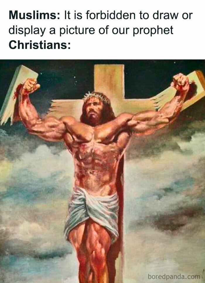 Muscular depiction of Jesus on the cross in a humorous meme explaining history differently.