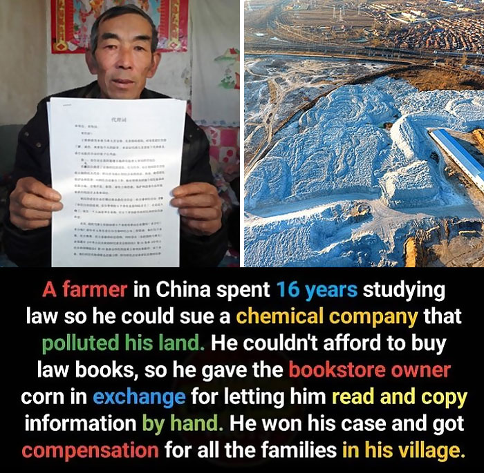 Farmer holding a document, highlighting a fascinating fact about studying law for 16 years to sue a polluting company.