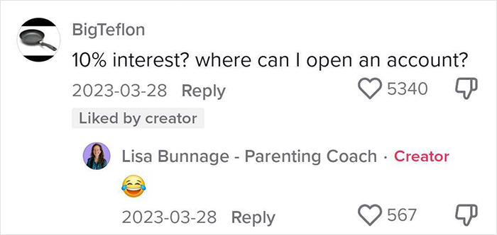 Parenting expert's TikTok comment humorously inquires about 10% interest, sparking viral discussion on chores and payments.