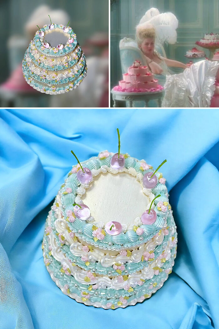 Artist's storage box resembling a cake, inspired by famous movies, with pastel decorations and topped with cherries.