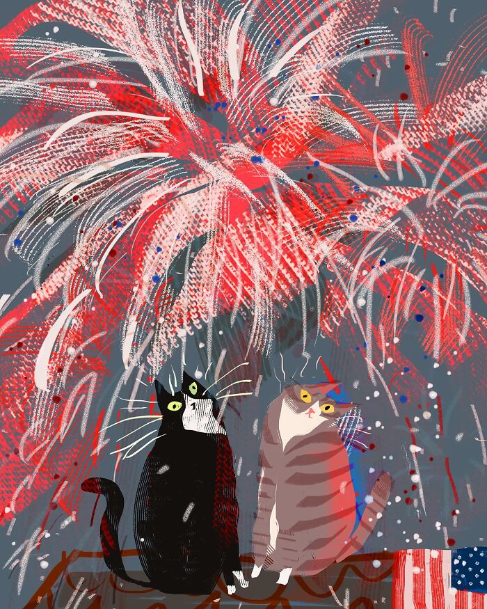 Cozy illustration of two cats gazing at vibrant fireworks in the night sky, perfect art for cat lovers.