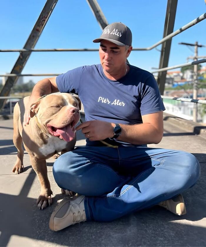 Man in blue shirt and cap sits with a pit bull on a rooftop, highlighting pit bull rescue efforts.