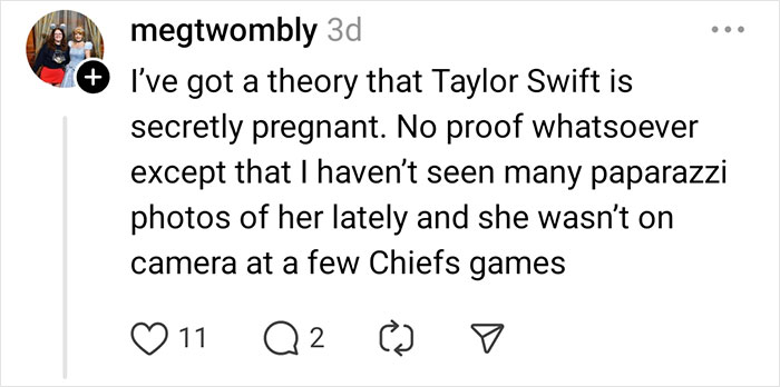 Social media post discussing a celebrity rumor about Taylor Swift's potential pregnancy.