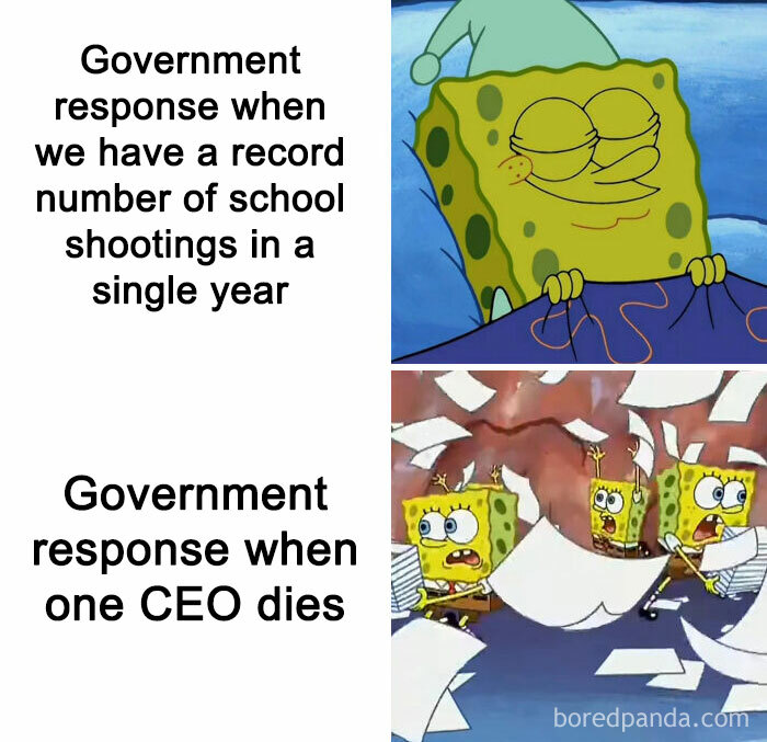 SpongeBob meme illustrating a boring dystopia with contrasting government responses.