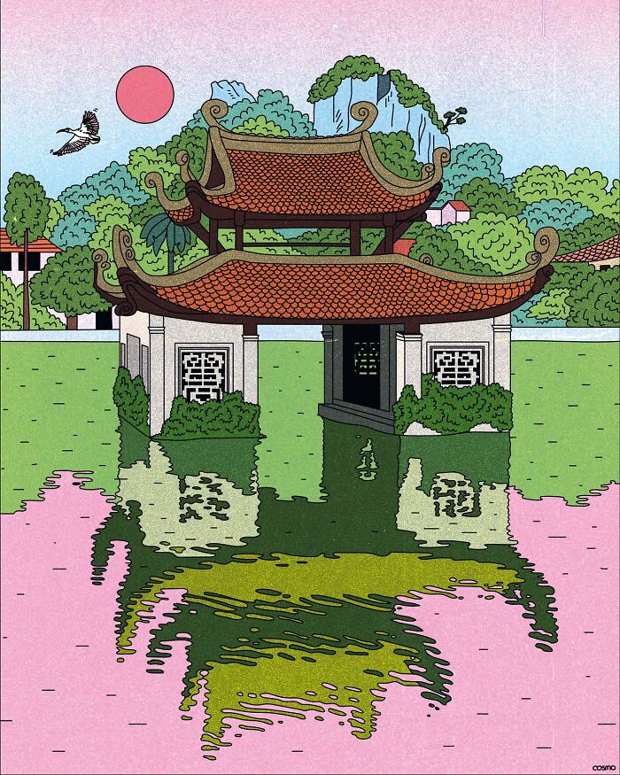 Vibrant illustration of a pavilion with a reflection in water, featuring a pink sun and a bird in the sky.