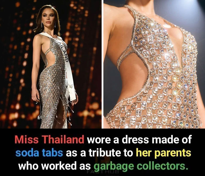 Miss Thailand in a dress made of soda tabs to honor her parents, former garbage collectors; fascinating facts.