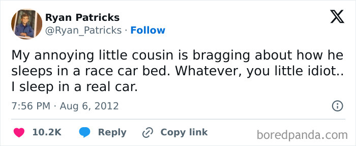 Humorous meme about a cousin bragging about sleeping in a race car bed, while the author sleeps in a real car.