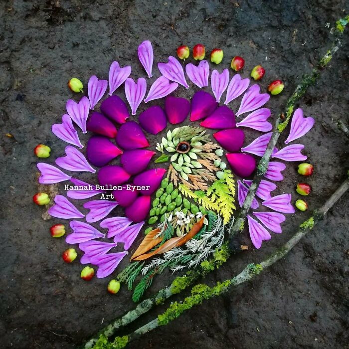 Earth art depicting a bird, crafted with colorful leaves and petals arranged on the ground.