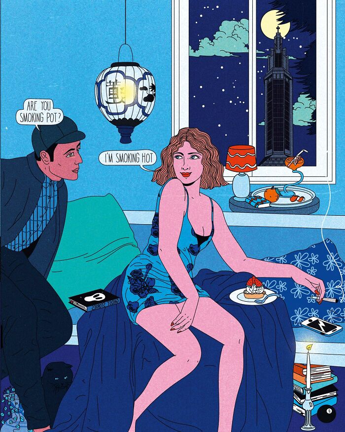 Vibrant illustration featuring a humorous and sarcastic conversation between a man and a woman in a room.