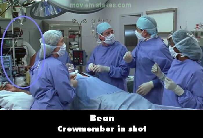 Surgeons in a scene with a crewmember error highlighted from a funny movie mistake.