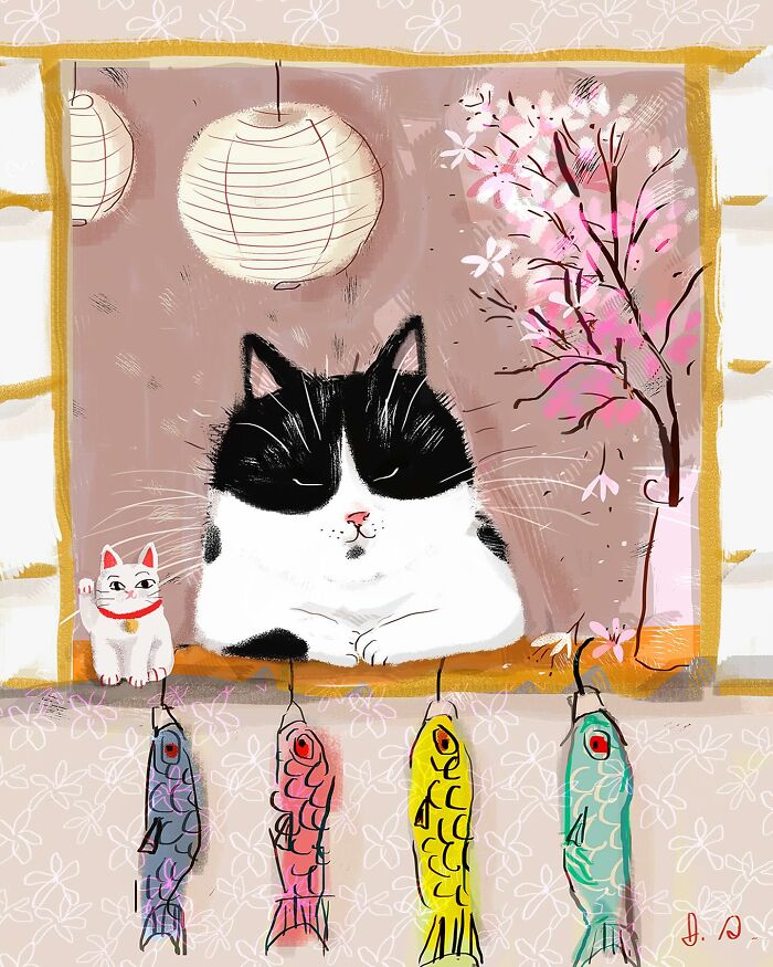 Cozy cat illustration by Jamie Shelman featuring a black and white cat with lanterns and colorful fish decorations.