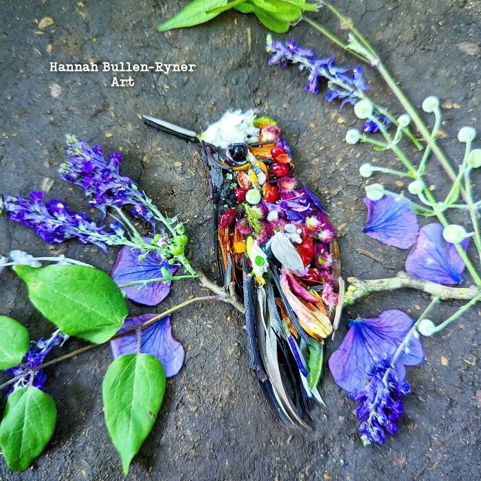 Animal portrait made from natural materials, featuring a colorful bird crafted with leaves, petals, and seeds on the ground.