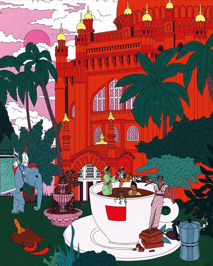 Vibrant illustration of people and a tiger in a giant teacup, set in a colorful garden with an ornate building backdrop.