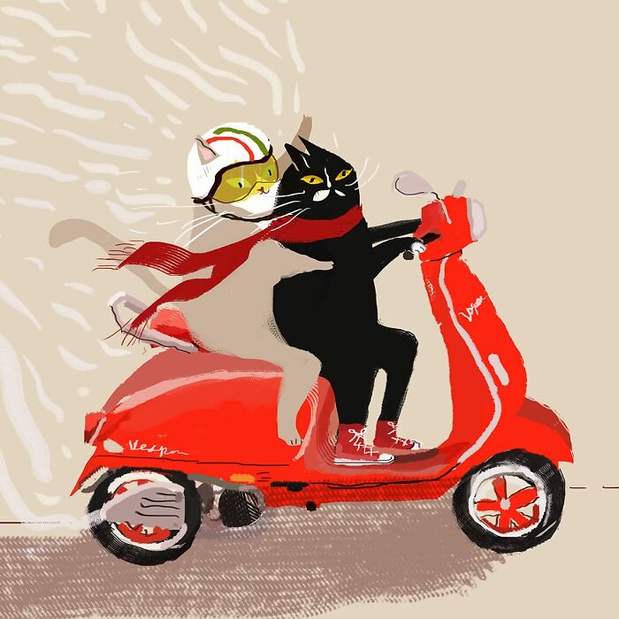 Cat illustration by Jamie Shelman featuring two cats riding a red scooter with a scarf and helmet.