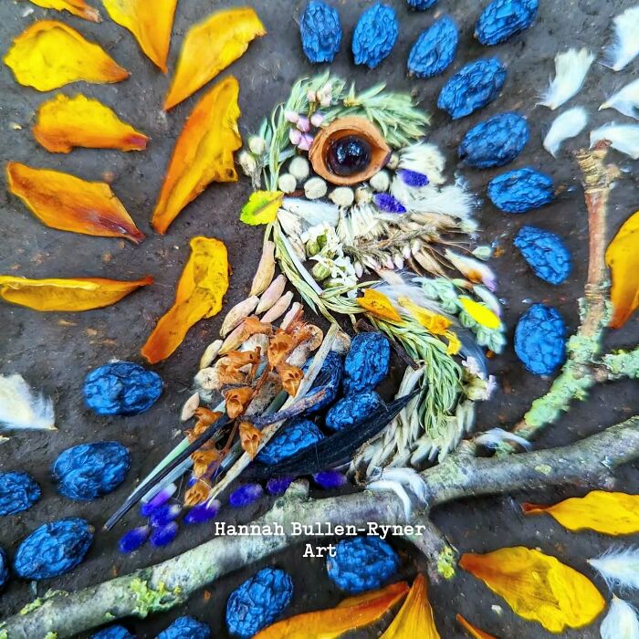 Animal portrait using natural materials, featuring colorful leaves and seeds, crafted by an earth artist.