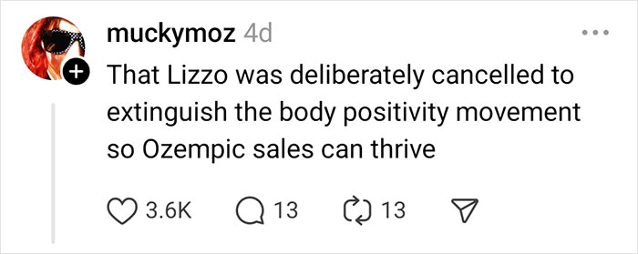 Social media post discussing a celebrity rumor involving body positivity and Ozempic sales.