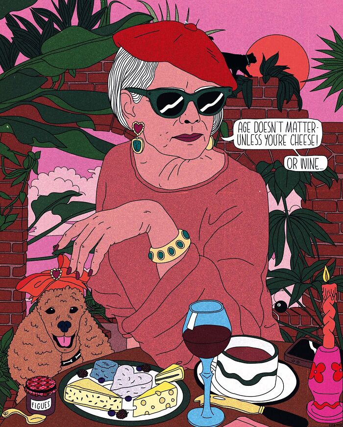 Elderly woman with sunglasses, red beret, sipping wine, with a humorous tone, vibrant illustration by artist.