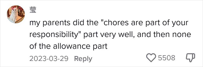 Comment discussing chores as responsibility, not for allowance, highlighting expert advice on parenting and chores.